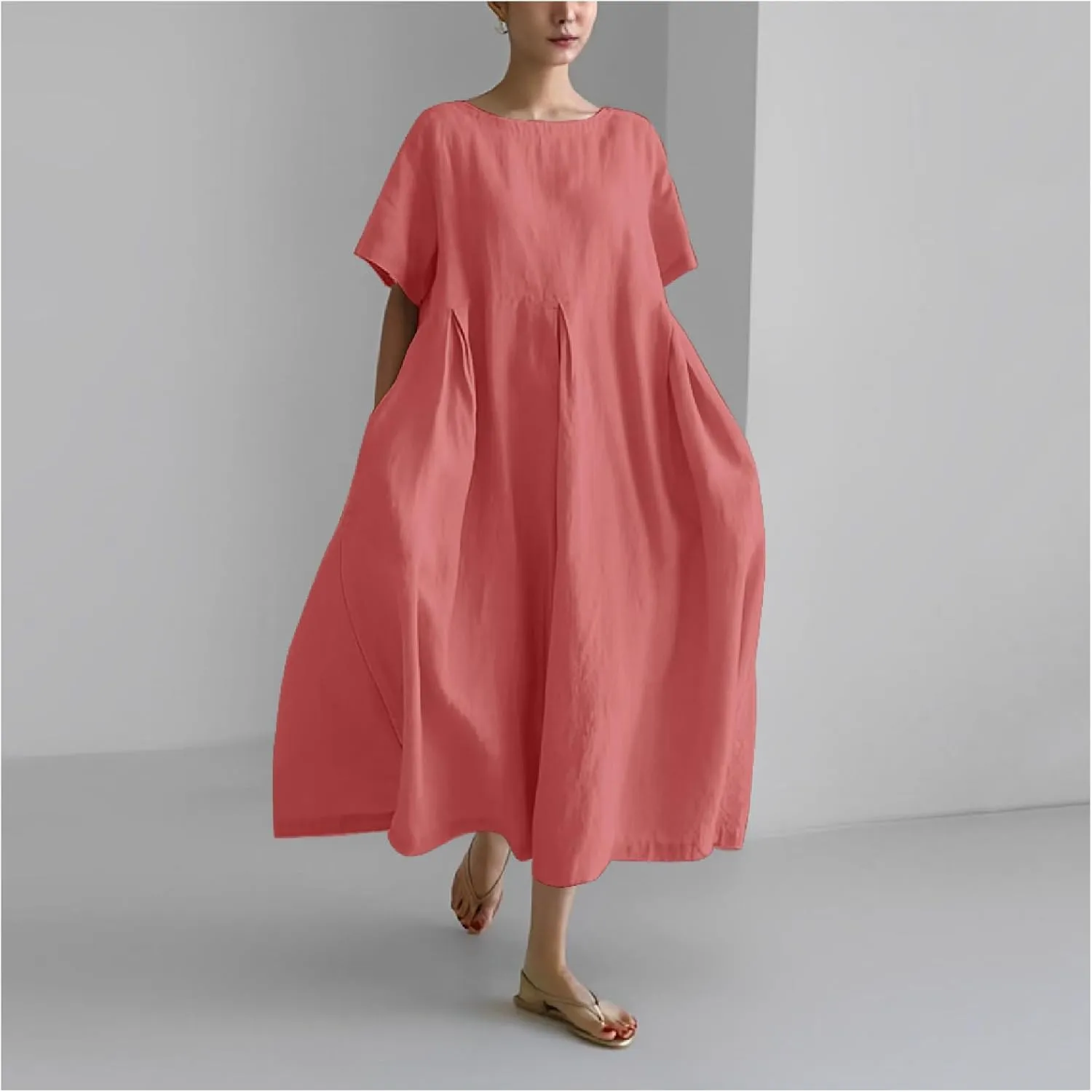 MARSVOVO Boho Dress for Women 2024 Plus Size Linen Casual Fish Wave Pattern Loose Fit Ruffle Hem Flowy Japanese Dress