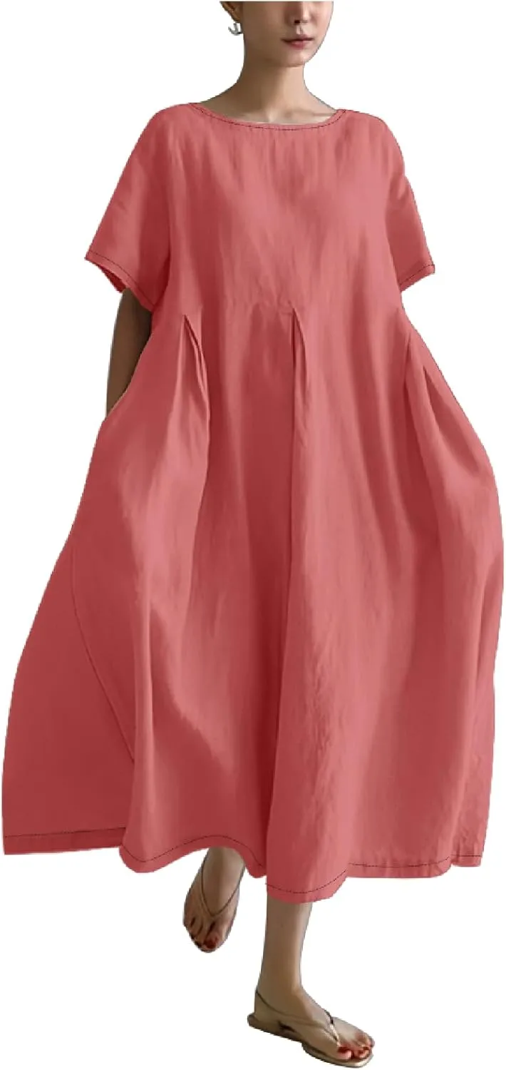 MARSVOVO Boho Dress for Women 2024 Plus Size Linen Casual Fish Wave Pattern Loose Fit Ruffle Hem Flowy Japanese Dress