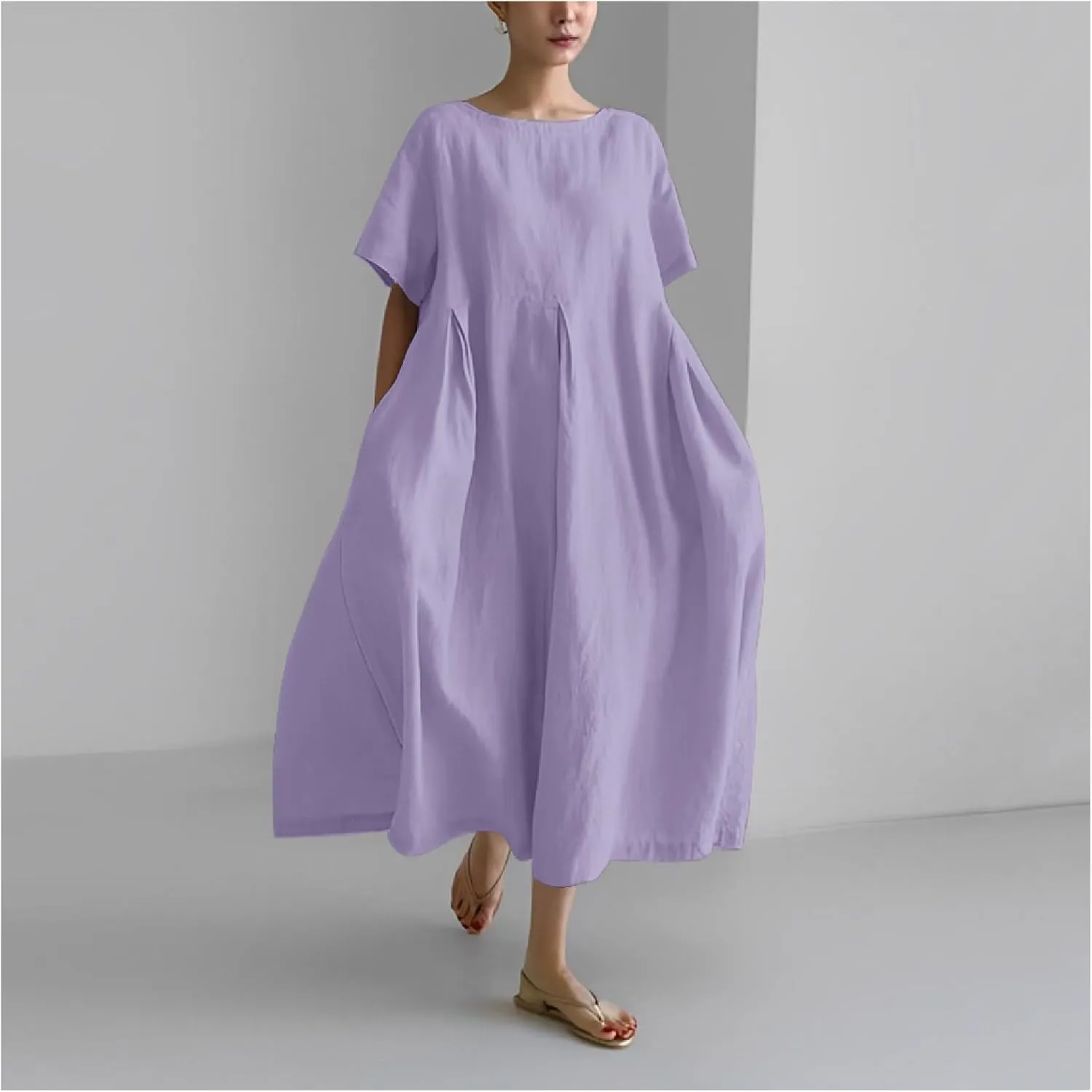 MARSVOVO Boho Dress for Women 2024 Plus Size Linen Casual Fish Wave Pattern Loose Fit Ruffle Hem Flowy Japanese Dress