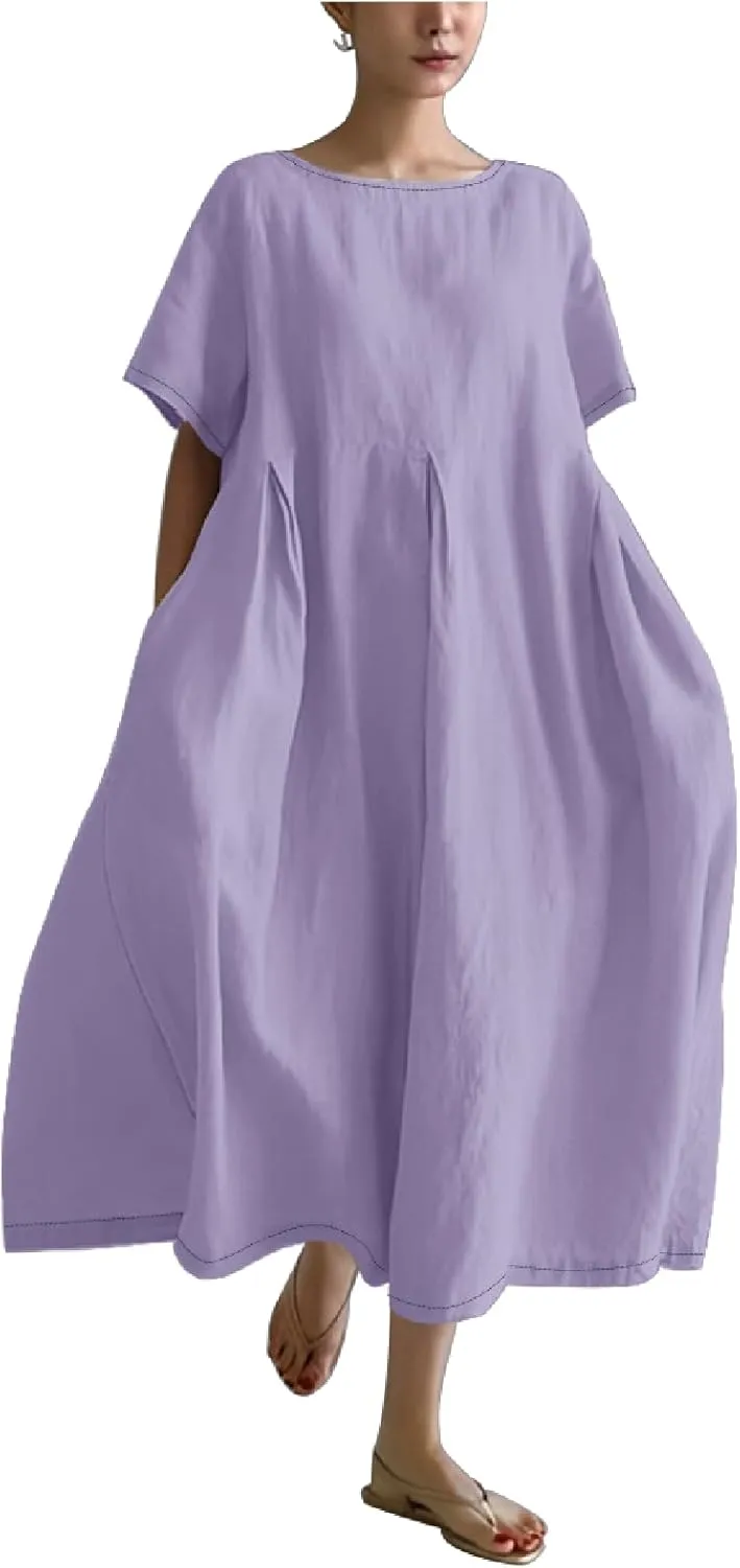 MARSVOVO Boho Dress for Women 2024 Plus Size Linen Casual Fish Wave Pattern Loose Fit Ruffle Hem Flowy Japanese Dress