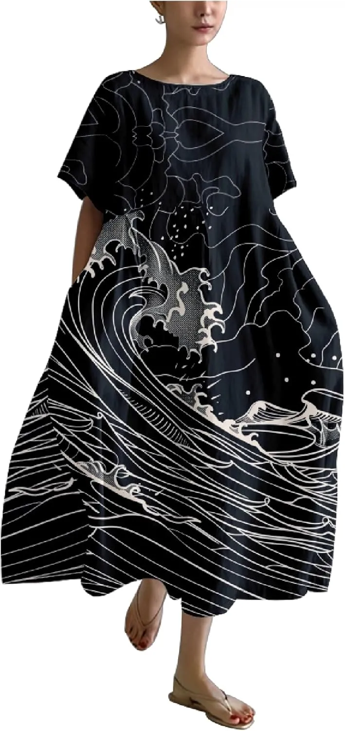 MARSVOVO Boho Dress for Women 2024 Plus Size Linen Casual Fish Wave Pattern Loose Fit Ruffle Hem Flowy Japanese Dress