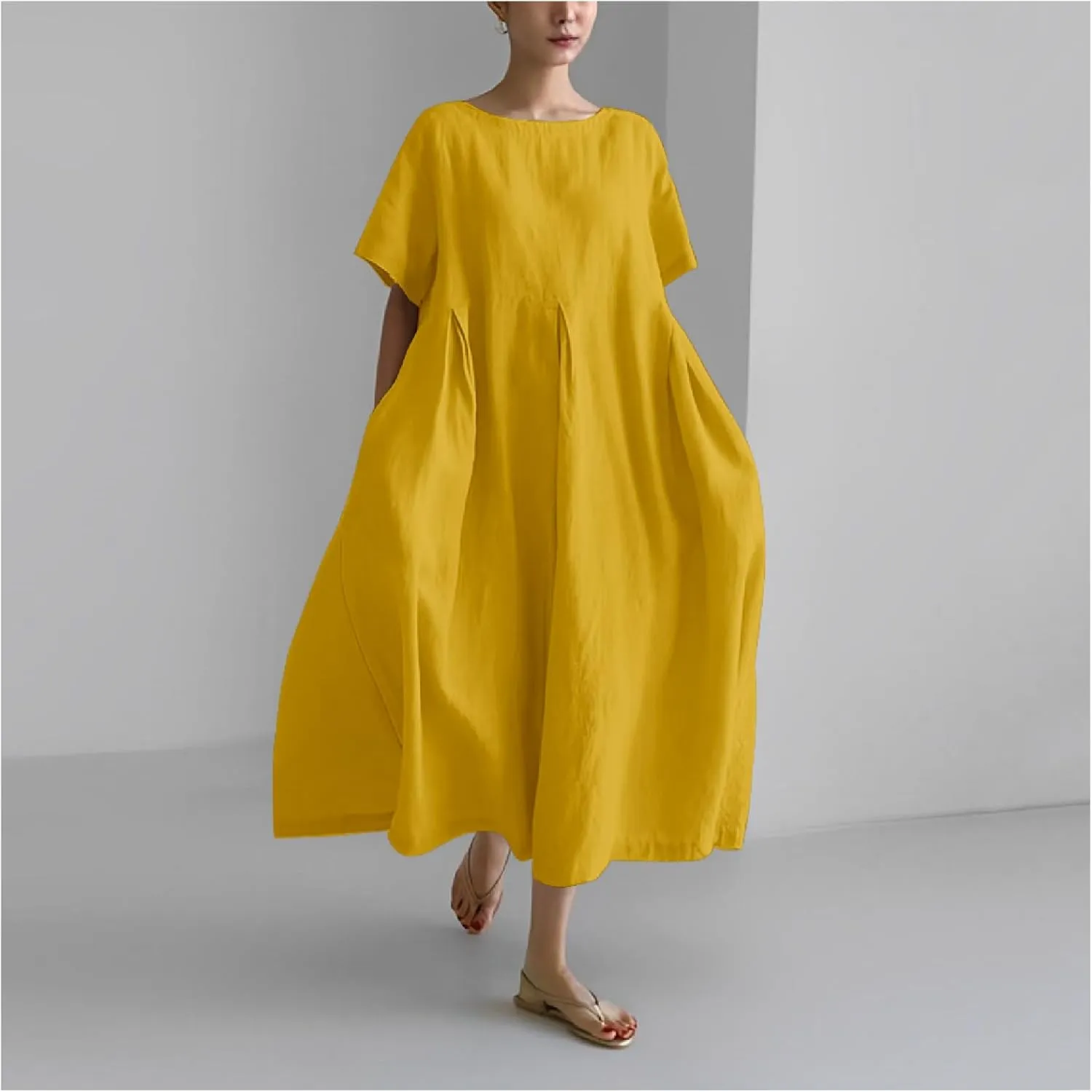 MARSVOVO Retro Linen Dress for Women 2024 Plus Size Oil Painting Bohemia Floral Flowy Oversized Loose Fit Beach Dresses