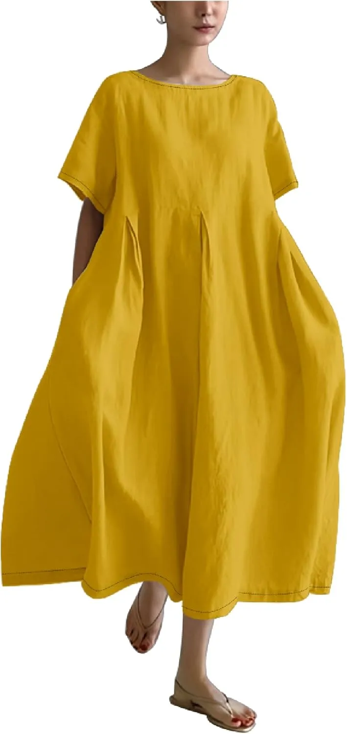 MARSVOVO Retro Linen Dress for Women 2024 Plus Size Oil Painting Bohemia Floral Flowy Oversized Loose Fit Beach Dresses