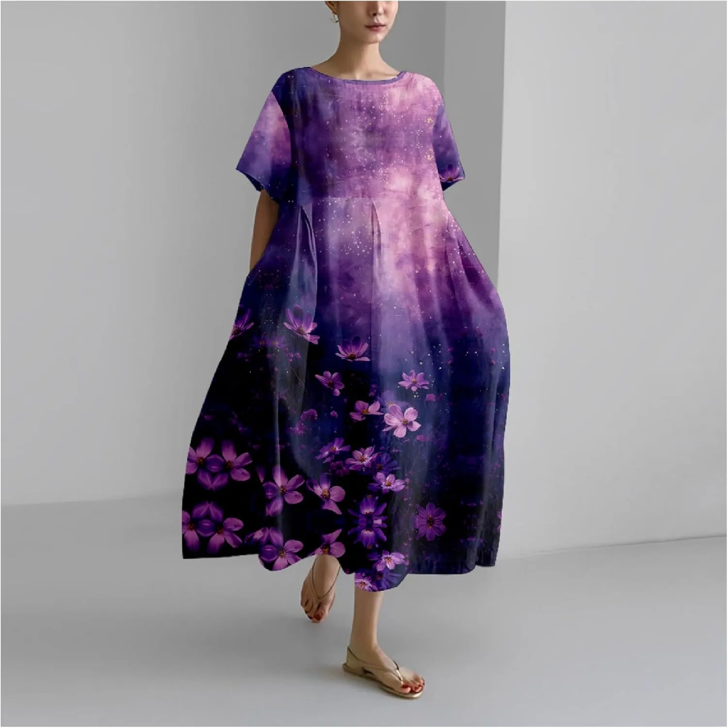 MARSVOVO Women's Summer Dress Vintage Country Scenery Oil Painting High Waist Ruffle Hem Oversized Lounge Loose Sundress