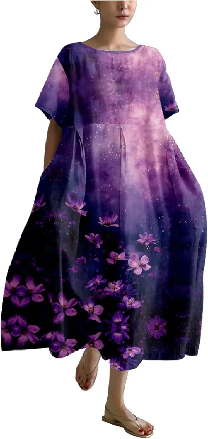 MARSVOVO Women's Summer Dress Vintage Country Scenery Oil Painting High Waist Ruffle Hem Oversized Lounge Loose Sundress