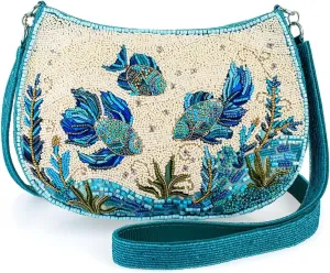 Mary Frances Fish Harmony Ocean-Themed Beaded Crossbody Bag  Vibrant Aquatic Style Novelty Evening Clutch Purse, Multicolor