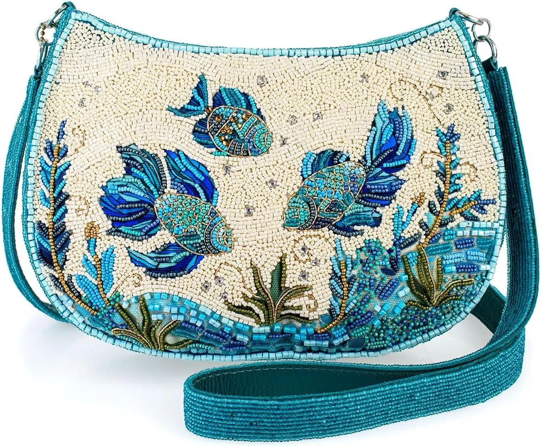 Mary Frances Fish Harmony Ocean-Themed Beaded Crossbody Bag  Vibrant Aquatic Style Novelty Evening Clutch Purse, Multicolor