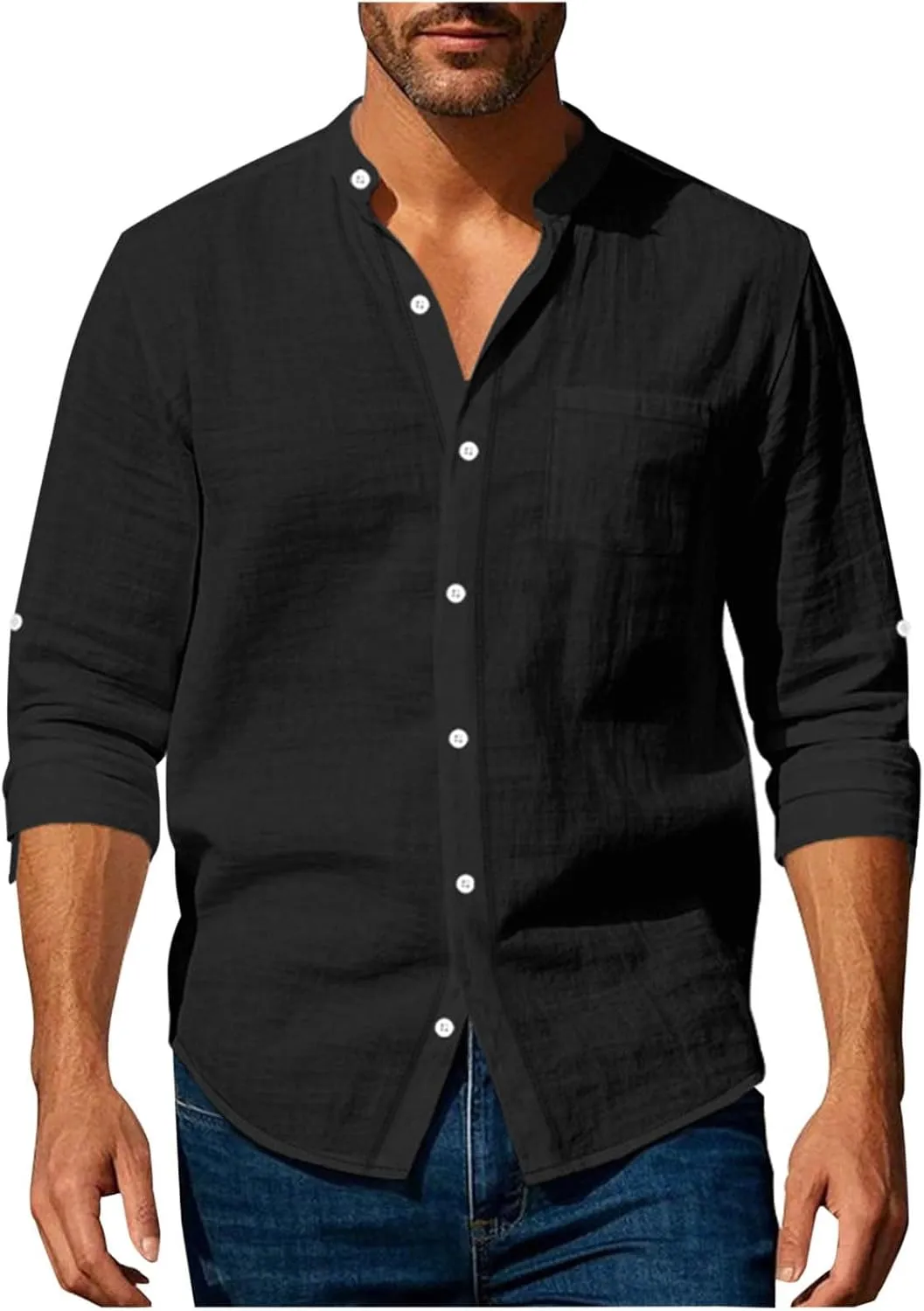 Men Cotton Linen Long Sleeve Shirts Dressy Casual Lightweight Button Up Shirt Vacation Beach Summer Tops with Pocket