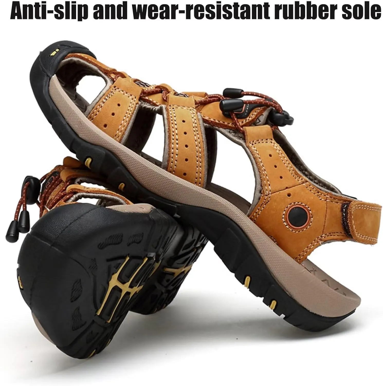 Men Leather Sandals Breathable Closed-Toe Waterproof Anti-Slip Outdoor Walking Hiking Sandals Summer Beach Shoes