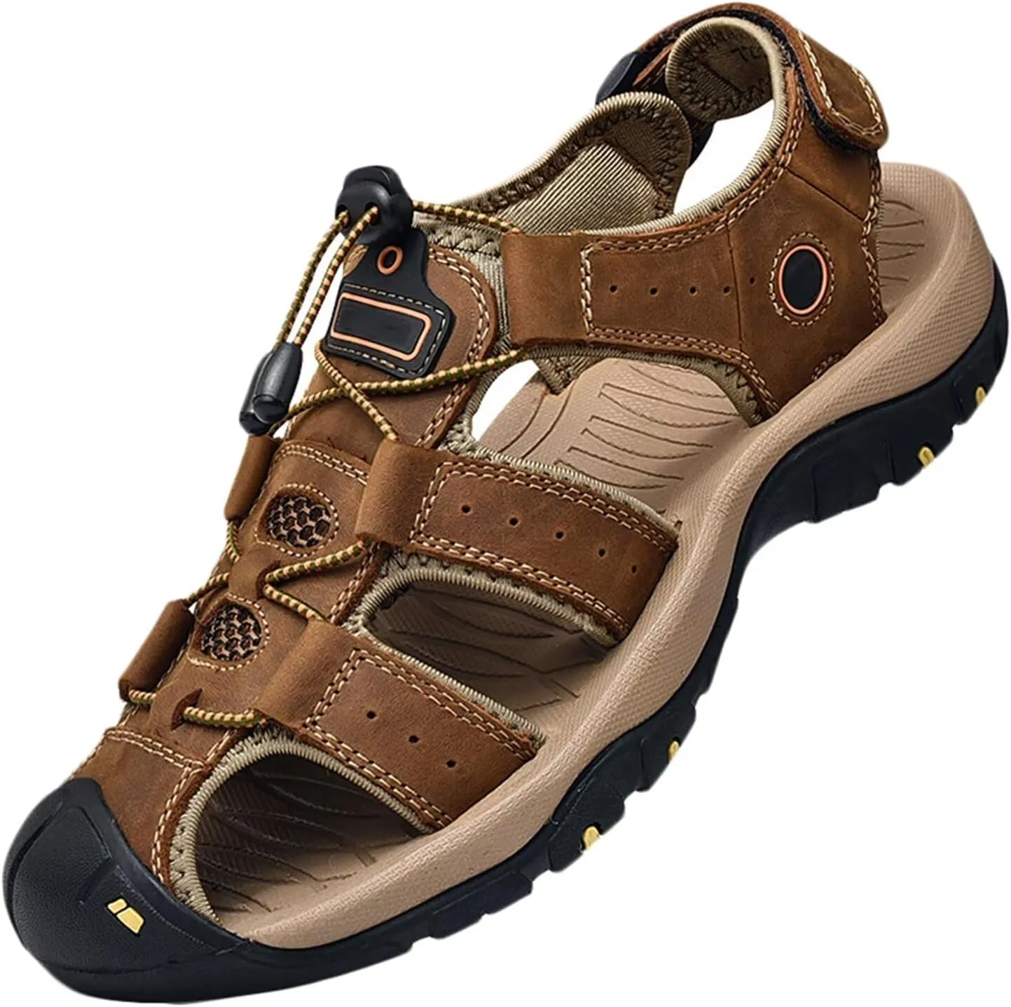 Men Leather Sandals Breathable Closed-Toe Waterproof Anti-Slip Outdoor Walking Hiking Sandals Summer Beach Shoes