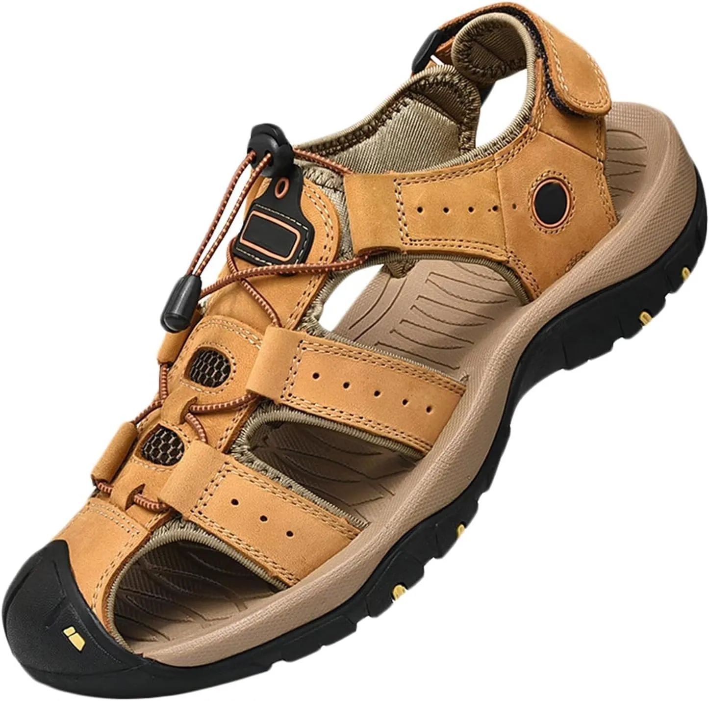 Men Leather Sandals Breathable Closed-Toe Waterproof Anti-Slip Outdoor Walking Hiking Sandals Summer Beach Shoes