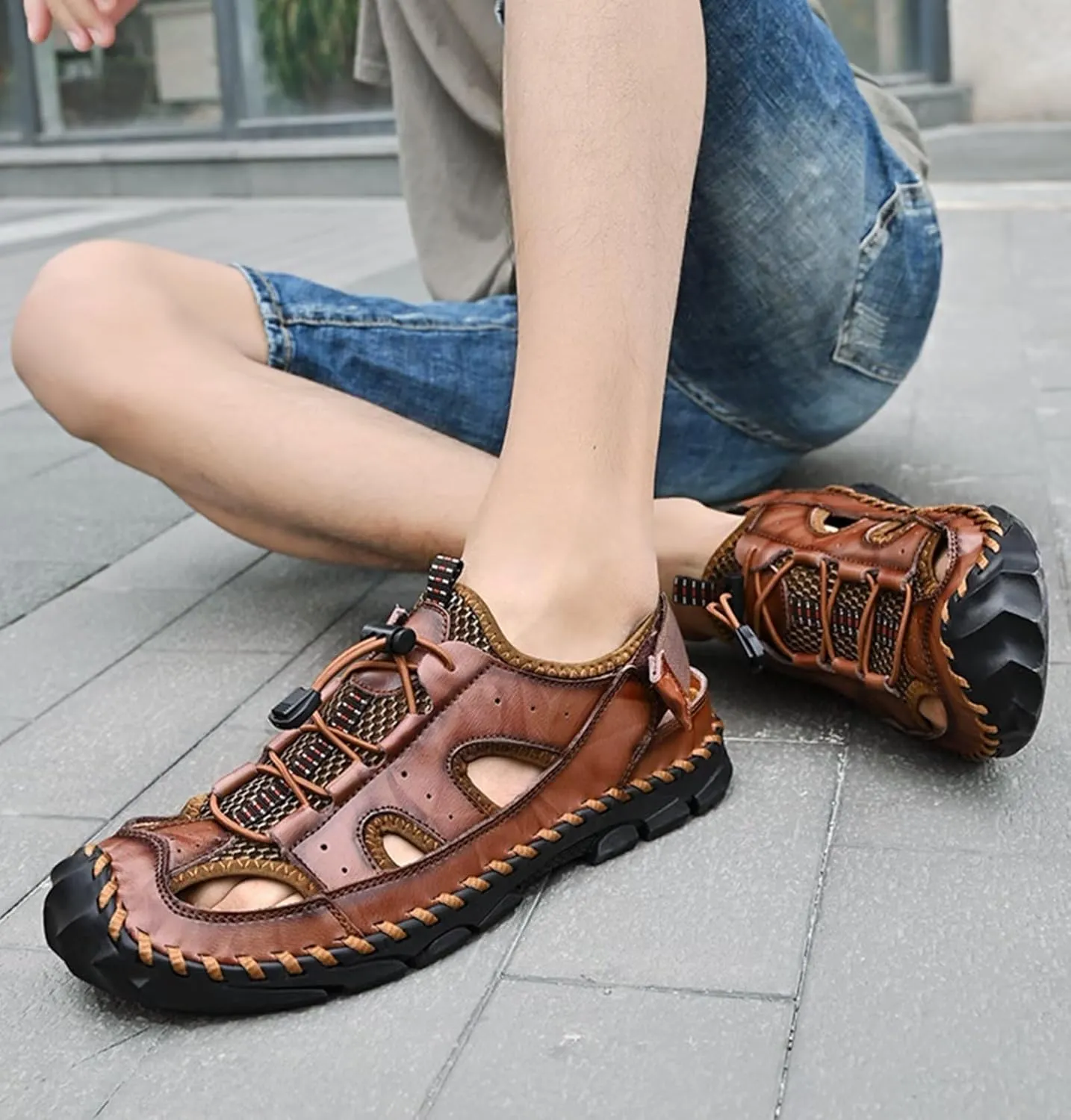 Men Walking Sandals Closed Toe Outdoor Sports Sandals Summer Hiking Shoes Water Sandles Leather Sandals