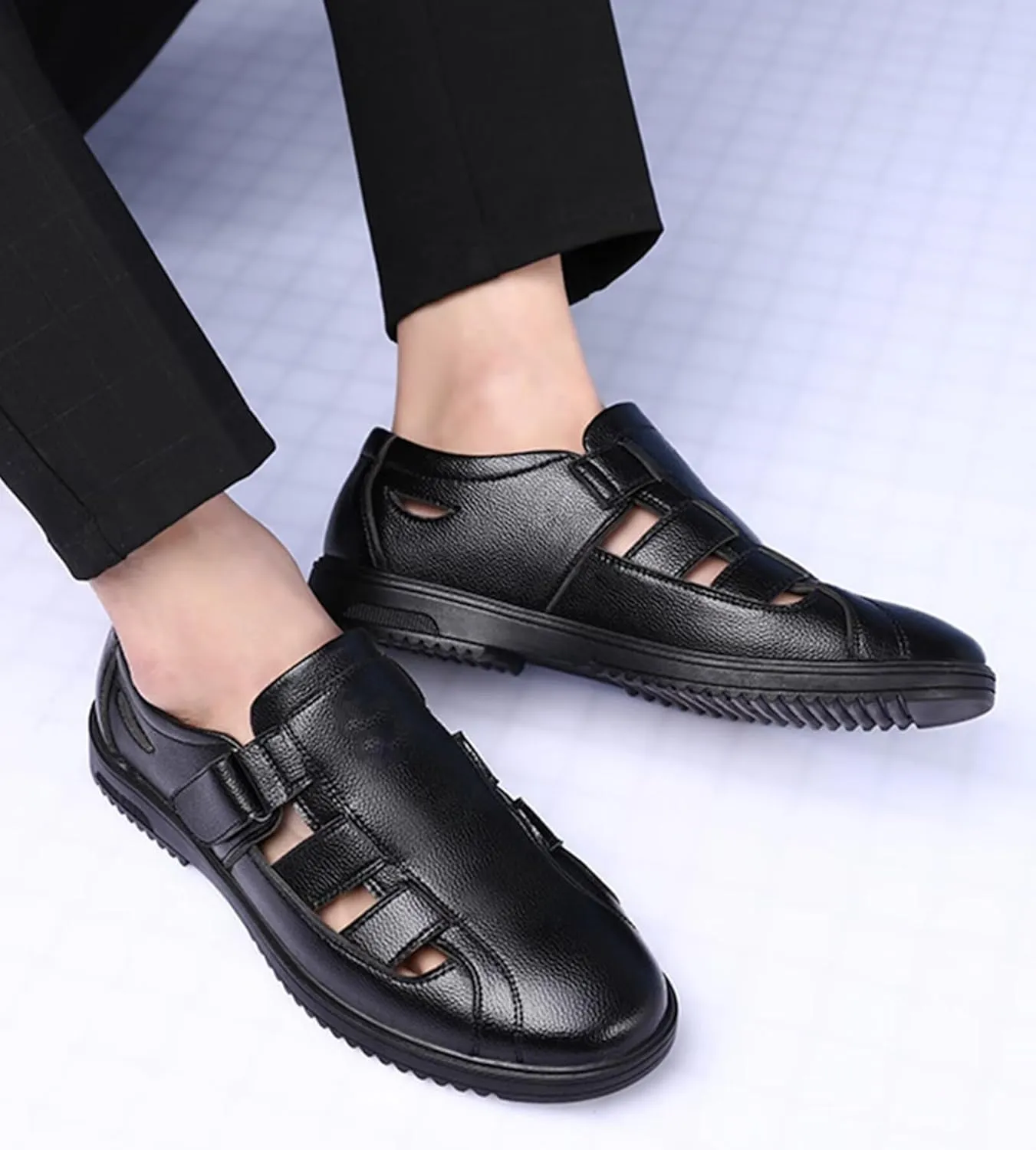 Mens Casual Closed Toe Leather Sandals Summer Walking Hiking Sandals Outdoor Fisherman Beach Shoes Business Sandals