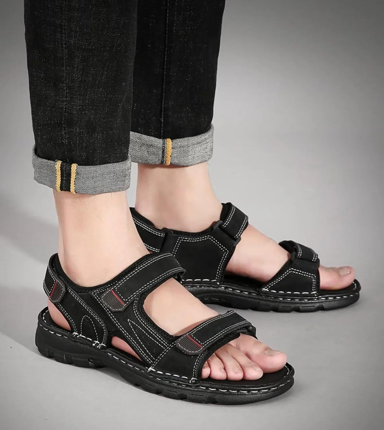 Men's Casual Walking Sandals Outdoor Sports Hiking Sandals Summer Leather Beach Shoes Adjustable Breathable Sandals