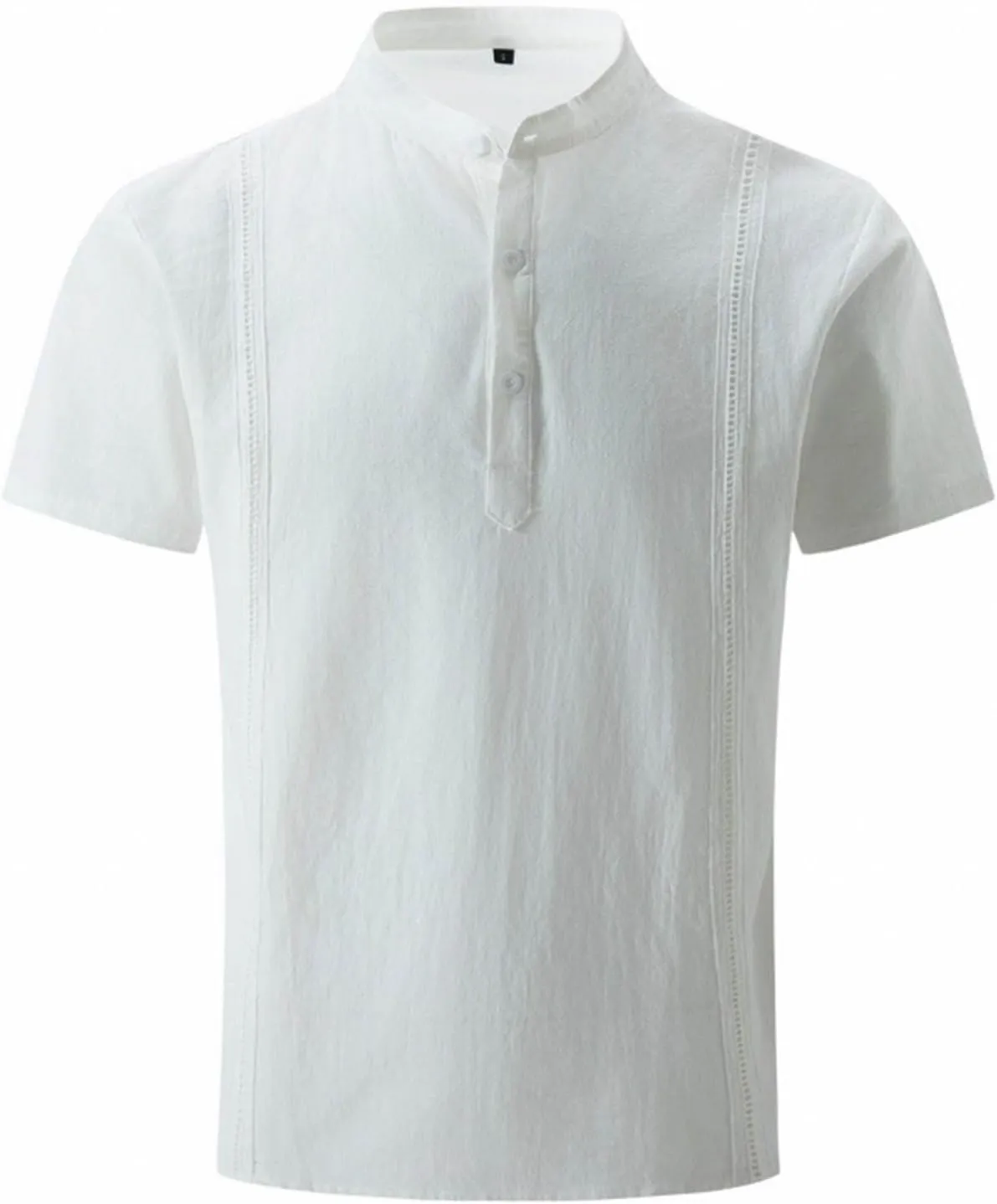 Mens Cotton Linen Henley Shirts Short Sleeve Stand Collar Top Summer Casual Classic T Shirts Pocket Button Up Shirt
