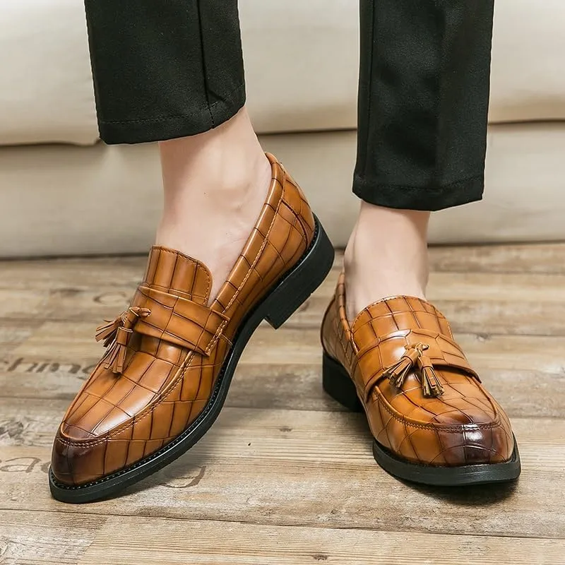 Men's Loafers Pointed Toe Block Pattern with Tassel Loafer Shoes Flat Heel Flexible Slip Resistant Fashion Classic Slip-on
