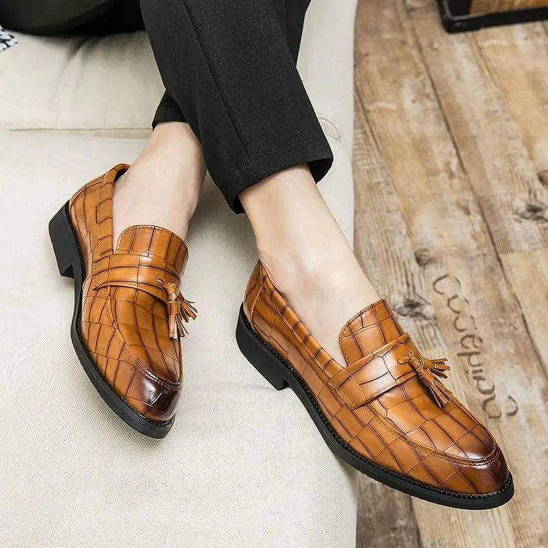 Men's Loafers Pointed Toe Block Pattern with Tassel Loafer Shoes Flat Heel Flexible Slip Resistant Fashion Classic Slip-on