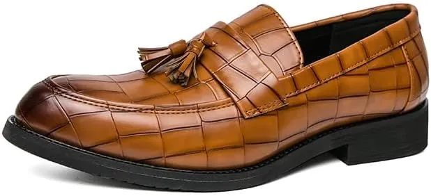 Men's Loafers Pointed Toe Block Pattern with Tassel Loafer Shoes Flat Heel Flexible Slip Resistant Fashion Classic Slip-on