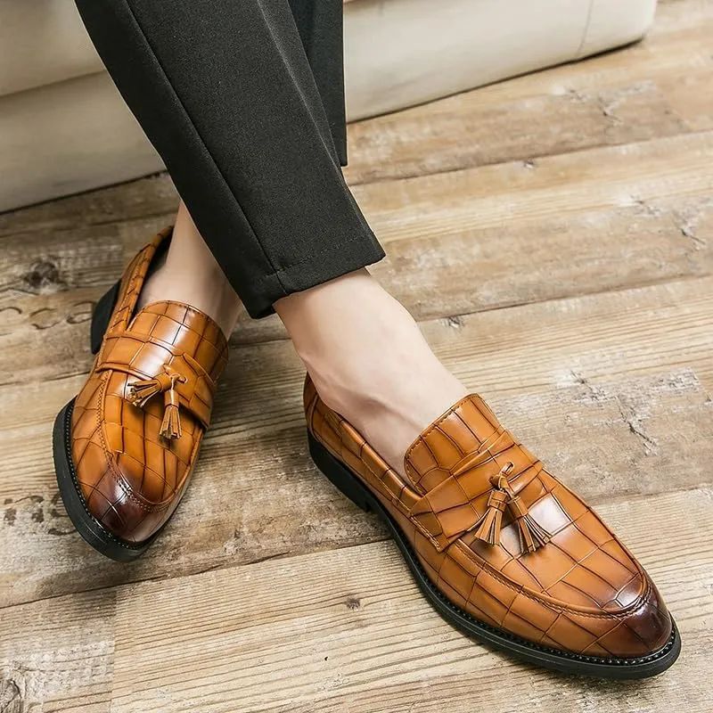 Men's Loafers Pointed Toe Block Pattern with Tassel Loafer Shoes Flat Heel Flexible Slip Resistant Fashion Classic Slip-on