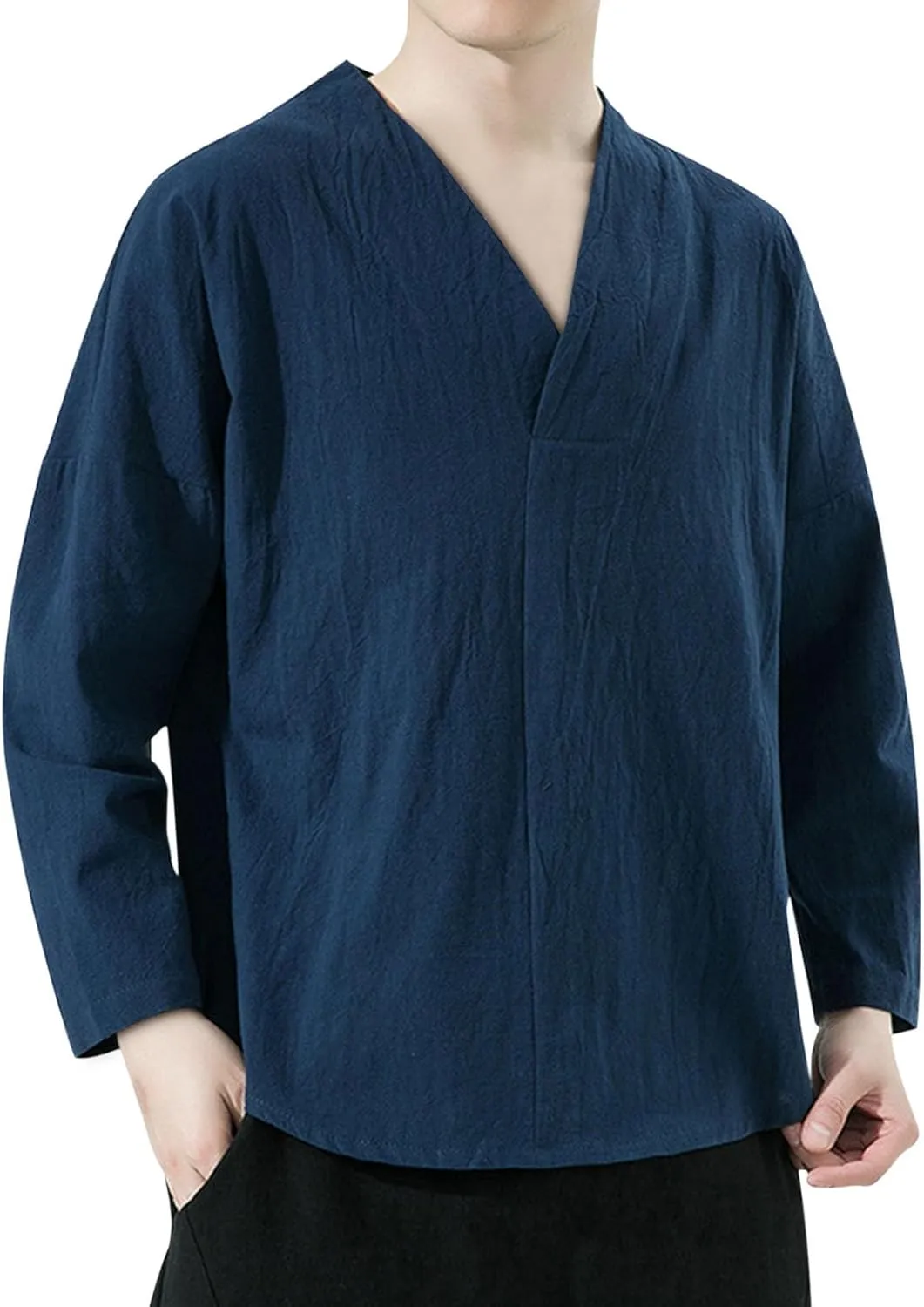 Men's Monk Buddhist Linen T-Shirt V-Neck Solid Wrap V Neck 3/4 Sleeve Shirts Beach Hipster Yoga Tops Big and Tall