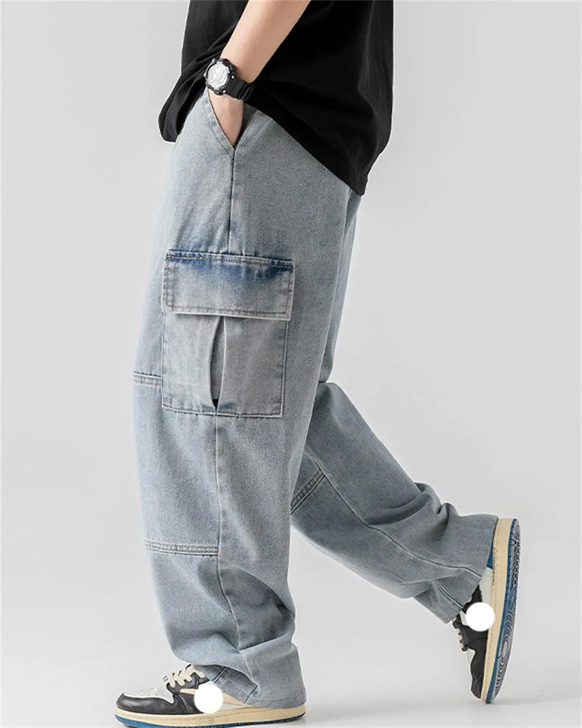 Men's Patchwork Jeans Loose Baggy Hip Hop Wash Straight Leg Denim Cargo Pants Drawstring