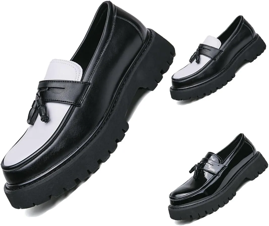 Men's Platform Leather Loafers - Slip-On Comfort, Non-Slip Lug Sole, Perfect for Business Casual and Dressy Wear