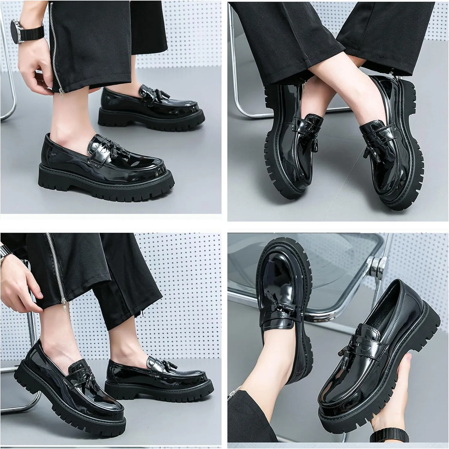 Men's Platform Leather Loafers - Slip-On Comfort, Non-Slip Lug Sole, Perfect for Business Casual and Dressy Wear