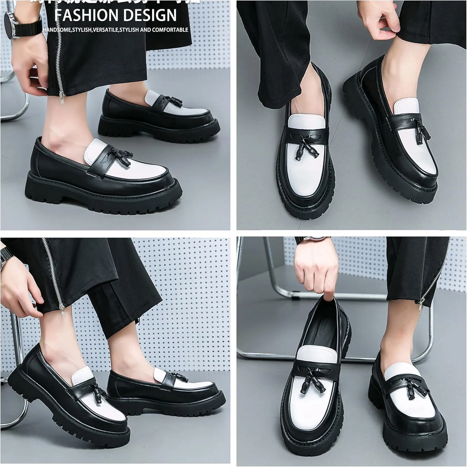 Men's Platform Leather Loafers - Slip-On Comfort, Non-Slip Lug Sole, Perfect for Business Casual and Dressy Wear