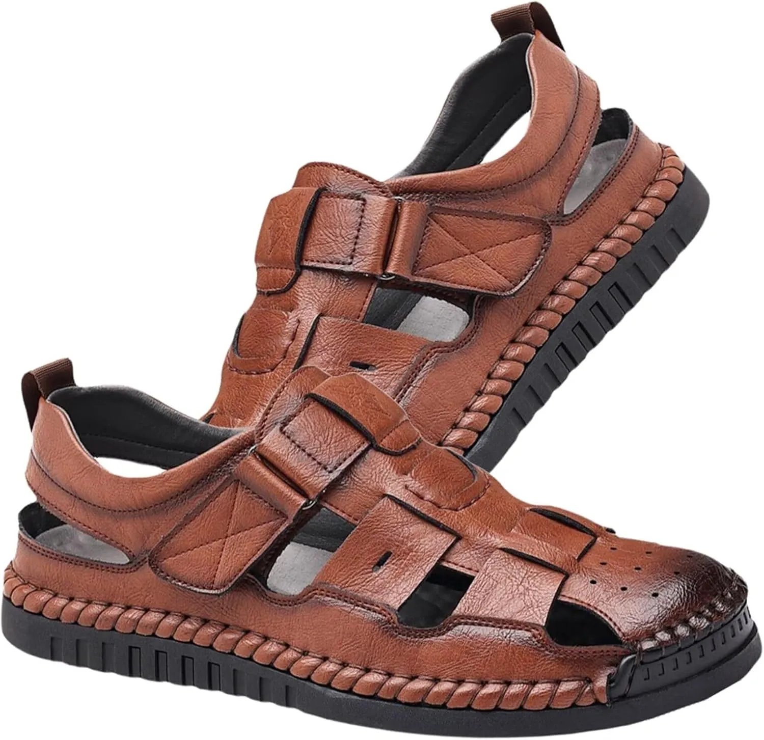Mens Sports Sandals Leather Closed Toe Outdoor Sandals Shoes Beach Summer Sandals for Hiking Trekking Breathable Sandals