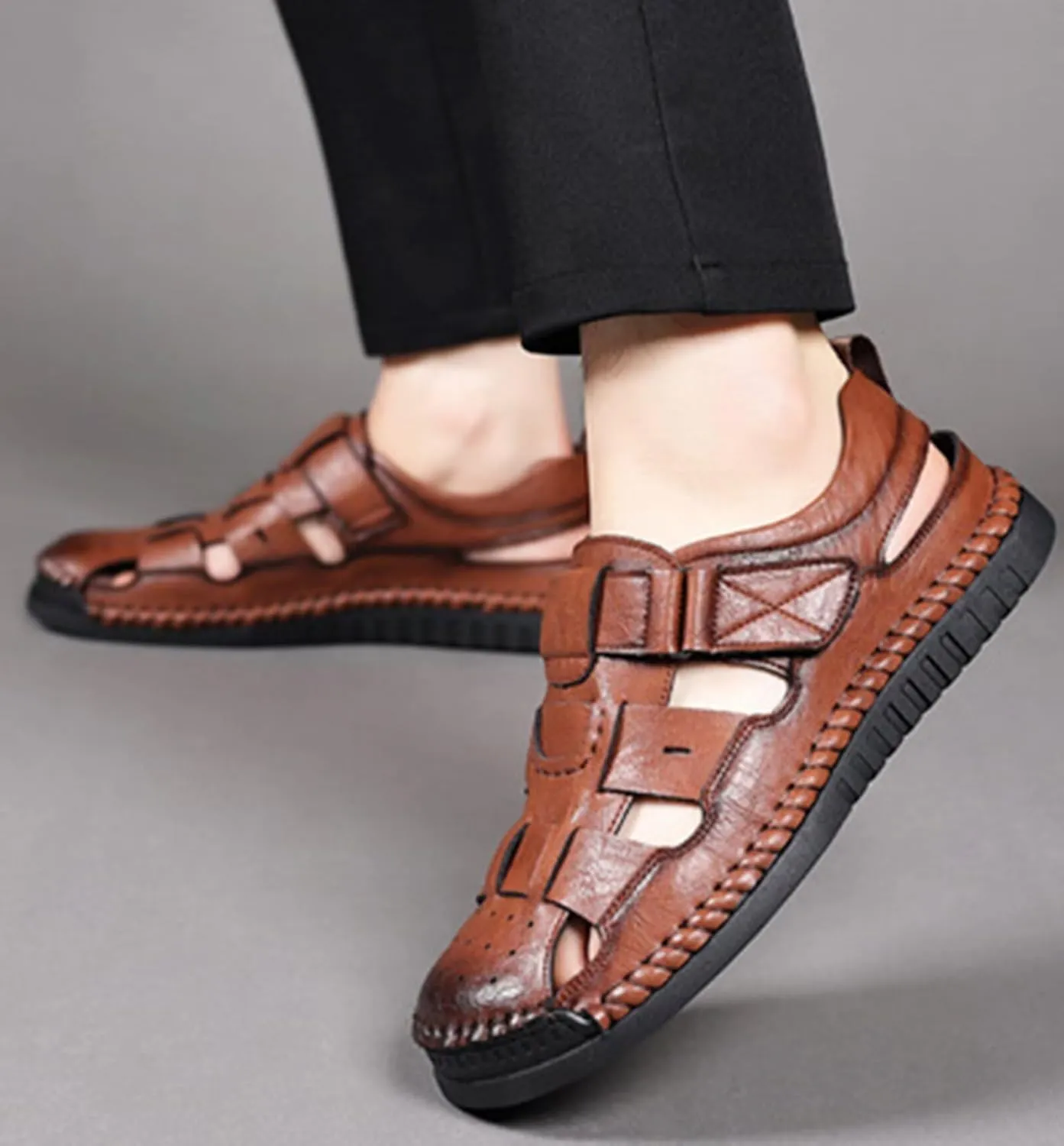 Mens Sports Sandals Leather Closed Toe Outdoor Sandals Shoes Beach Summer Sandals for Hiking Trekking Breathable Sandals