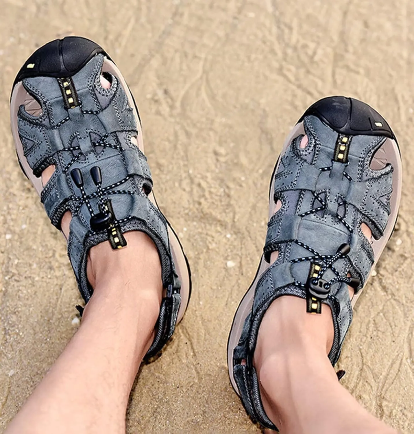 Mens Sports Sandals Leather Closed Toe Outdoor Shoes Adjustable Beach Sandals for Hiking Trekking Breathable Walking Sandals