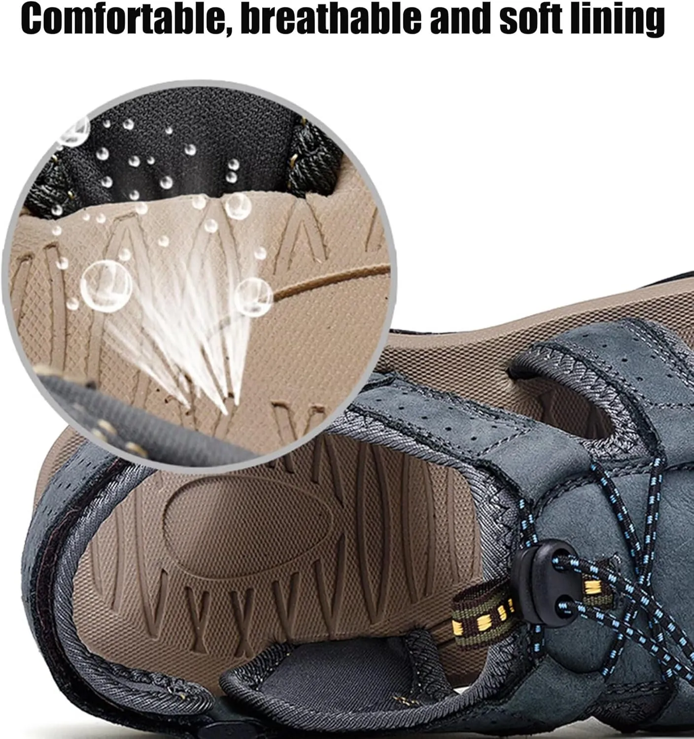 Mens Sports Sandals Leather Closed Toe Outdoor Shoes Adjustable Beach Sandals for Hiking Trekking Breathable Walking Sandals