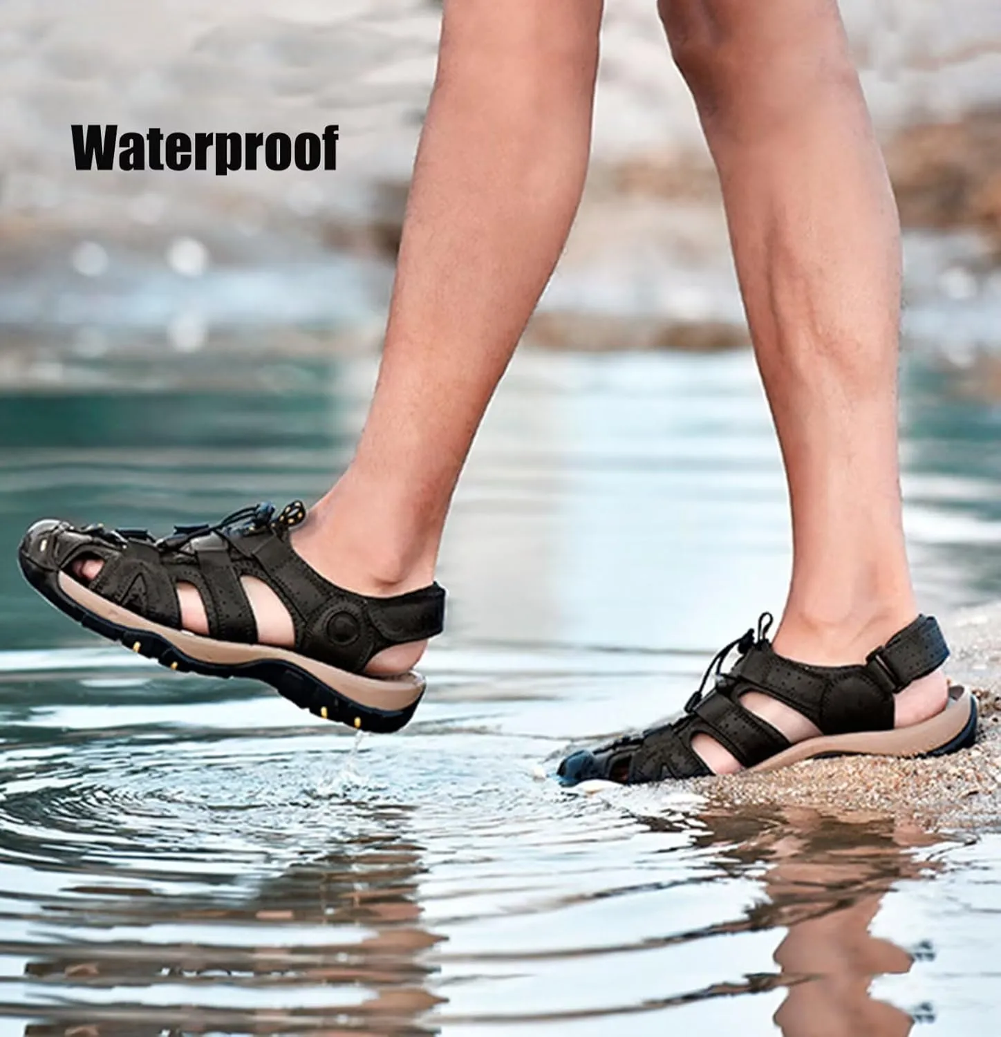 Mens Sports Sandals Leather Closed Toe Outdoor Shoes Adjustable Beach Sandals for Hiking Trekking Breathable Walking Sandals