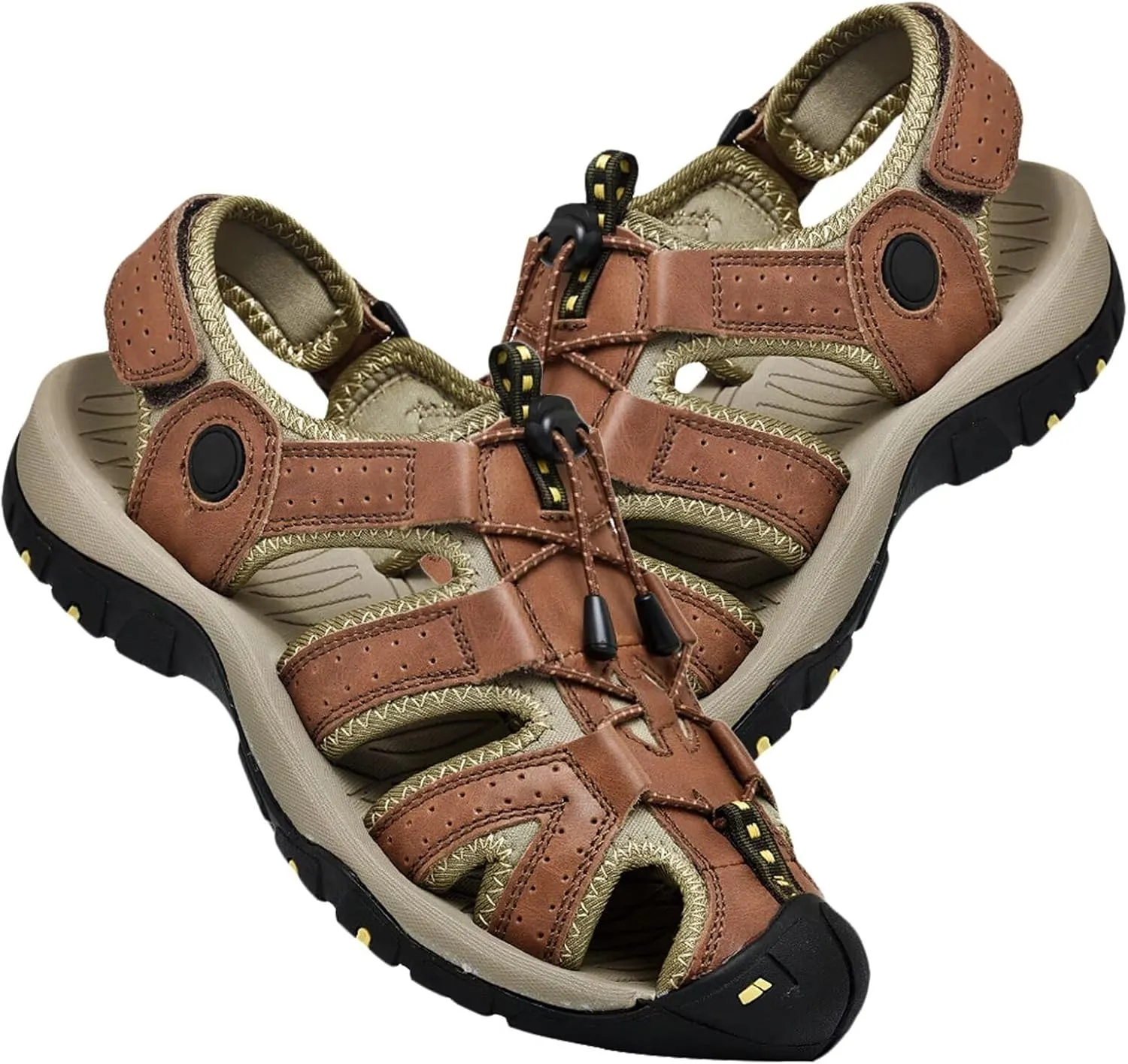 Mens Sports Sandals Leather Closed Toe Outdoor Shoes Adjustable Beach Sandals for Hiking Trekking Breathable Walking Sandals