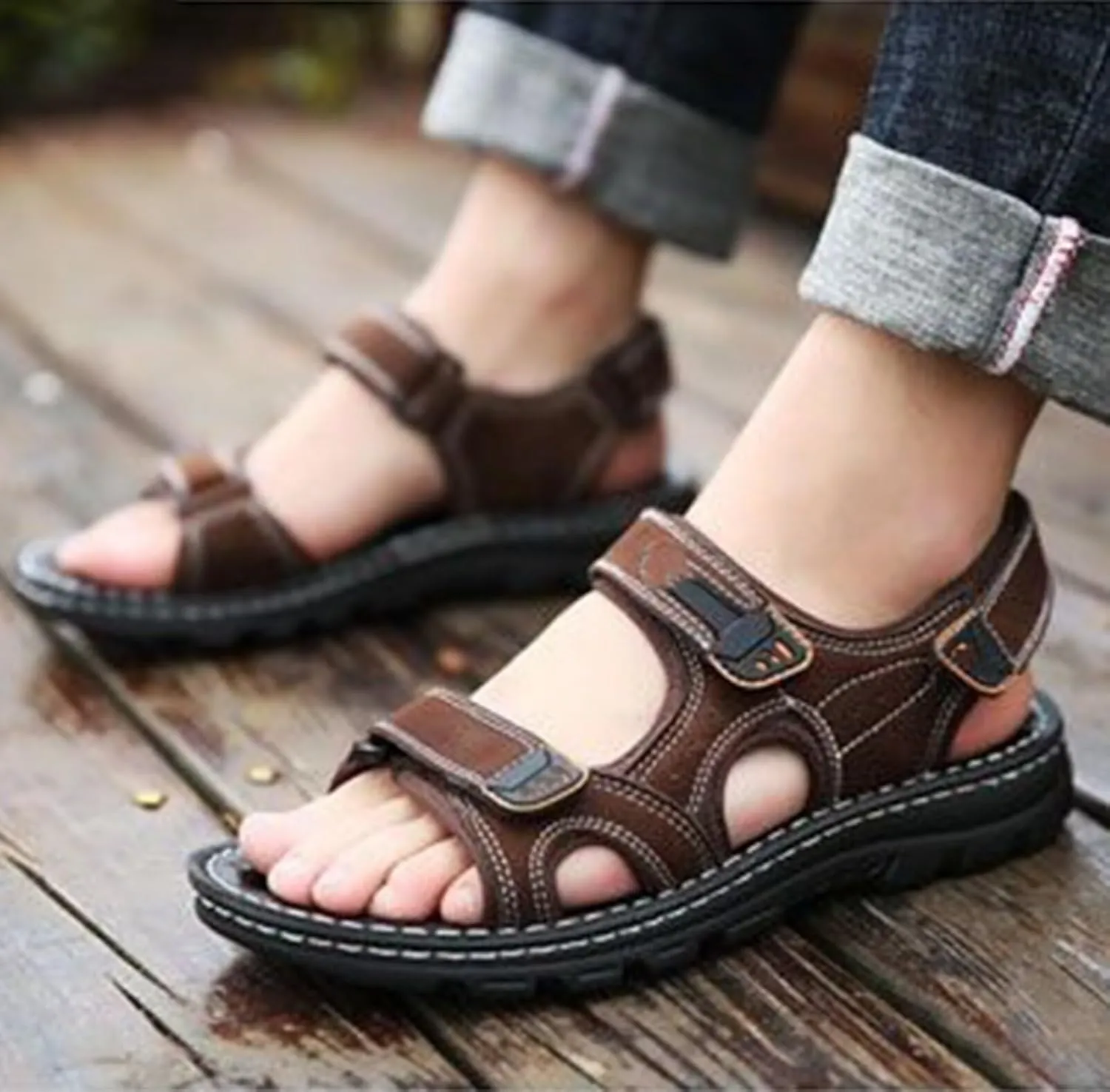 Mens Sports Sandals Leather Outdoor Shoes Beach Summer Sandals for Hiking Trekking Breathable Walking Sandals