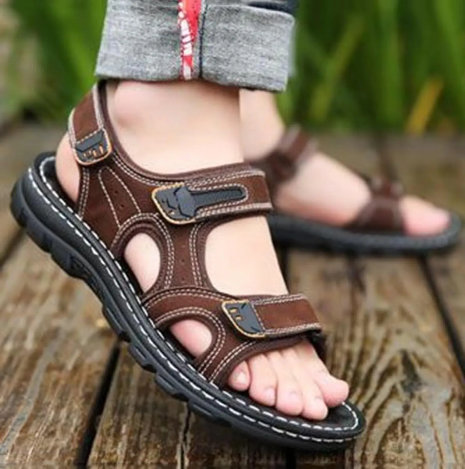 Mens Sports Sandals Leather Outdoor Shoes Beach Summer Sandals for Hiking Trekking Breathable Walking Sandals