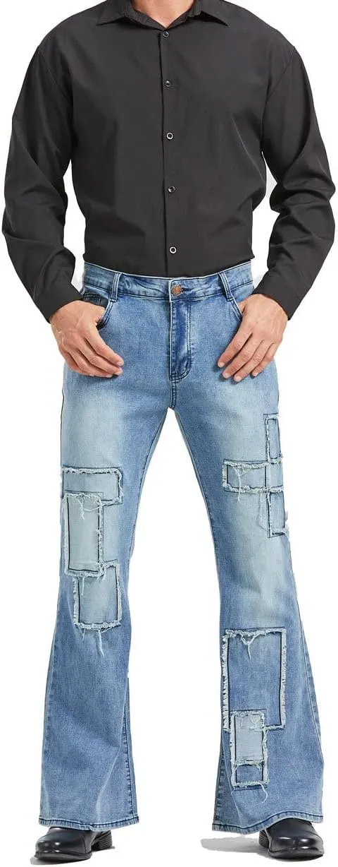 Men's Vintage Flared Leg Denim Jeans Classic Patchwork Bell Bottom Denim Pants