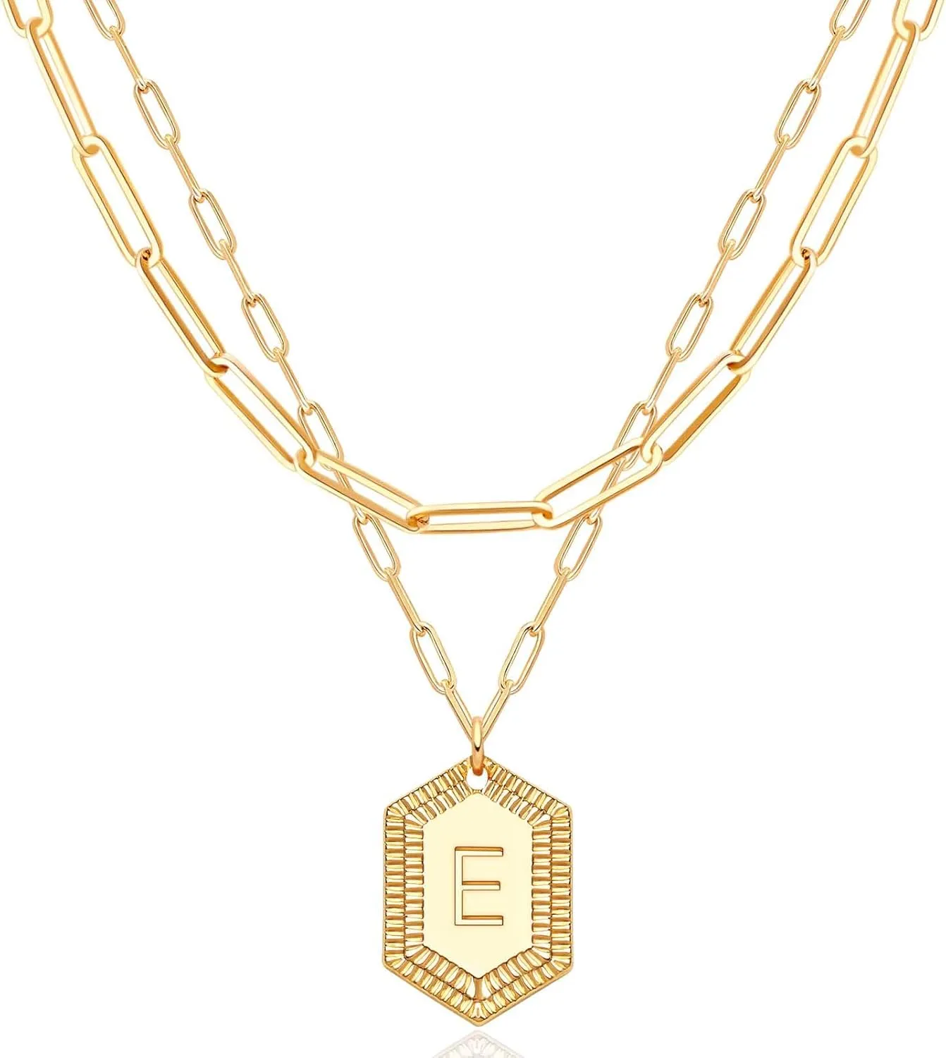 MEVECCO Dainty Gold Initial Necklace for Women 18K Gold Plated Layered Paperclip Link Chain Necklace Personalized Cute Hexagon Letters for Women Everyday Wear Jewelry