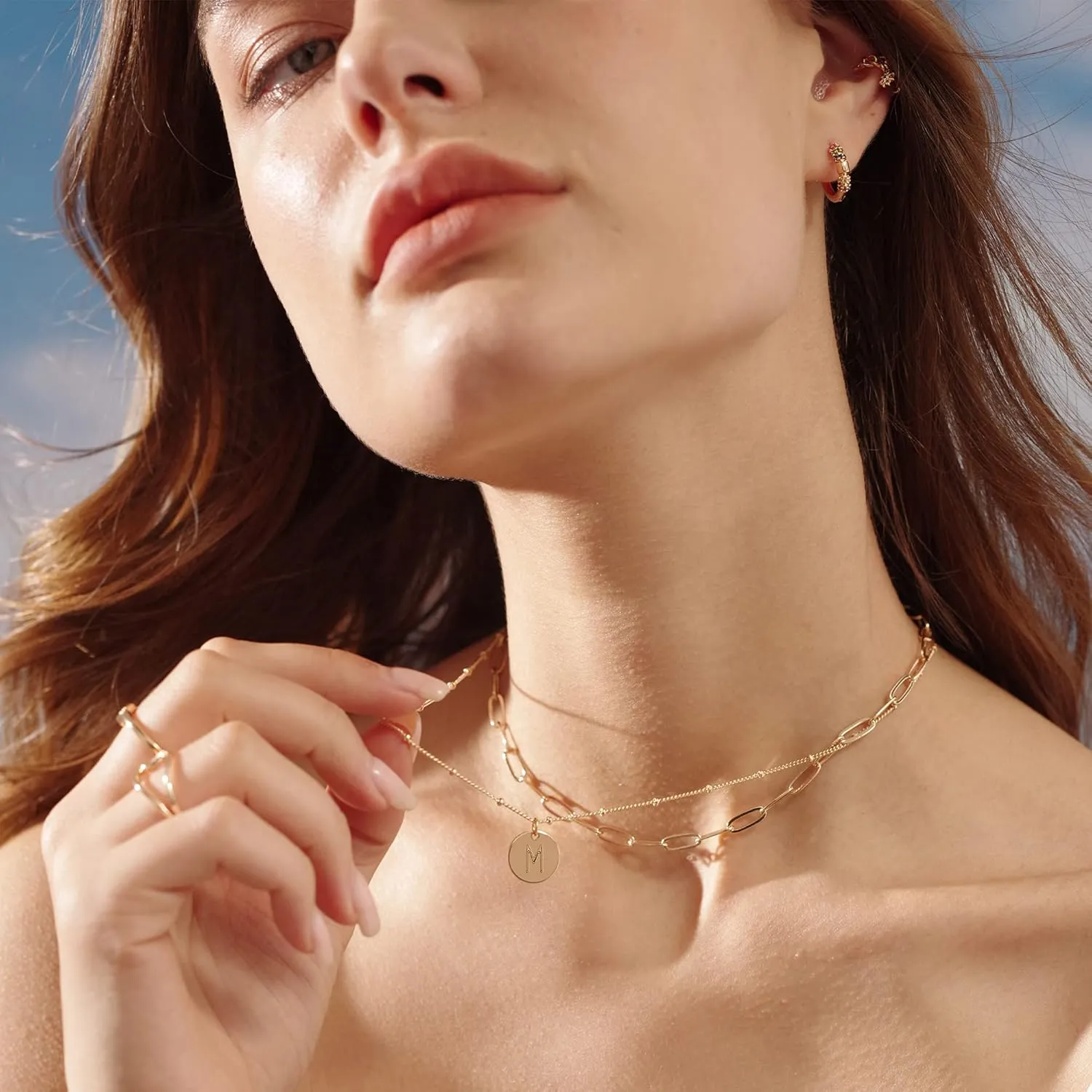 MEVECCO Gold Initial Necklaces For Women 18K Gold Plated Minimalist Double Layered Letter Necklace Personalized Paperclip Link Chain Chokers Dainty Jewelry Gift For Her