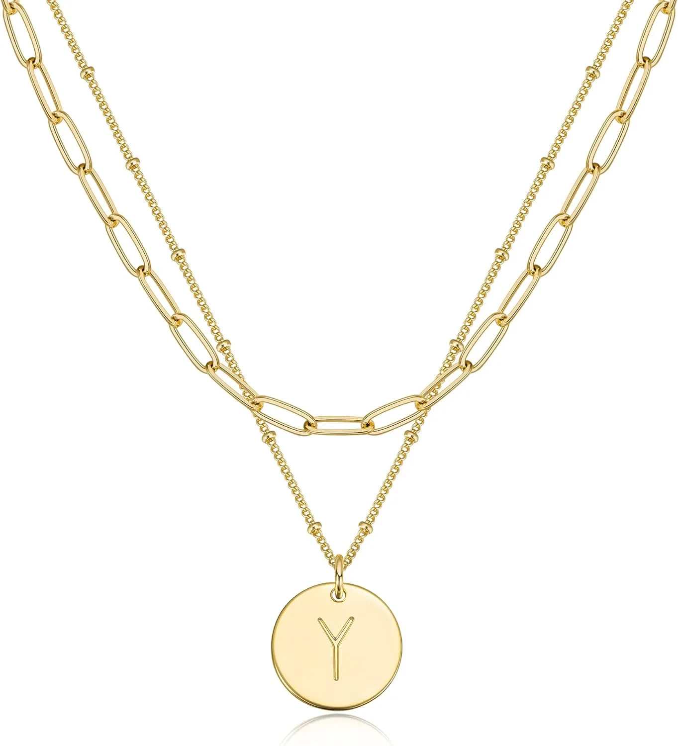 MEVECCO Gold Initial Necklaces For Women 18K Gold Plated Minimalist Double Layered Letter Necklace Personalized Paperclip Link Chain Chokers Dainty Jewelry Gift For Her