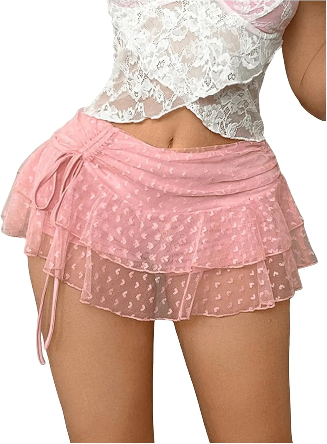 Milumia Women's Y2K Heart Print Lace Mesh Ruched Low Wasit Layered Ruffle Mini Skirt Skort