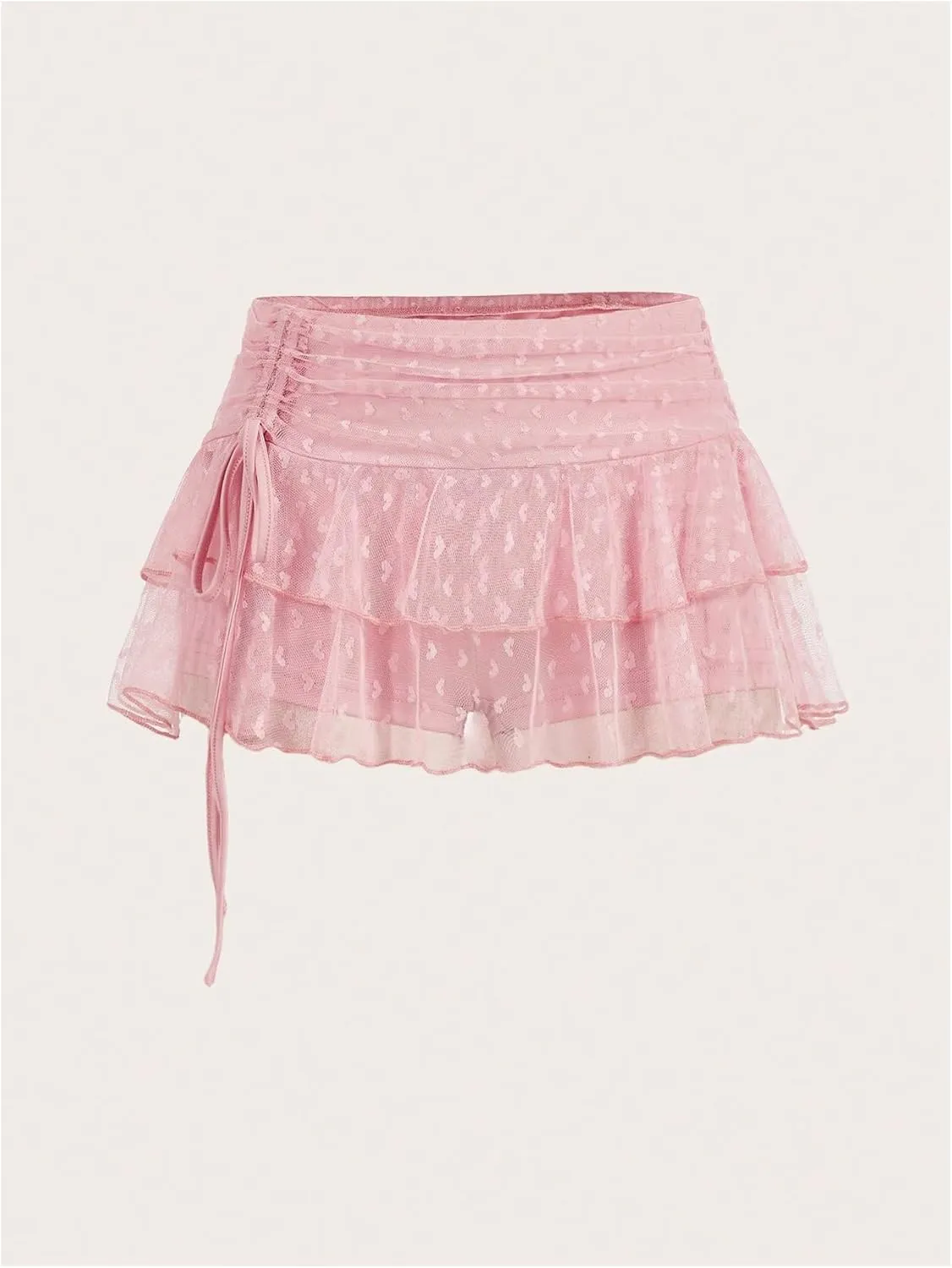Milumia Women's Y2K Heart Print Lace Mesh Ruched Low Wasit Layered Ruffle Mini Skirt Skort