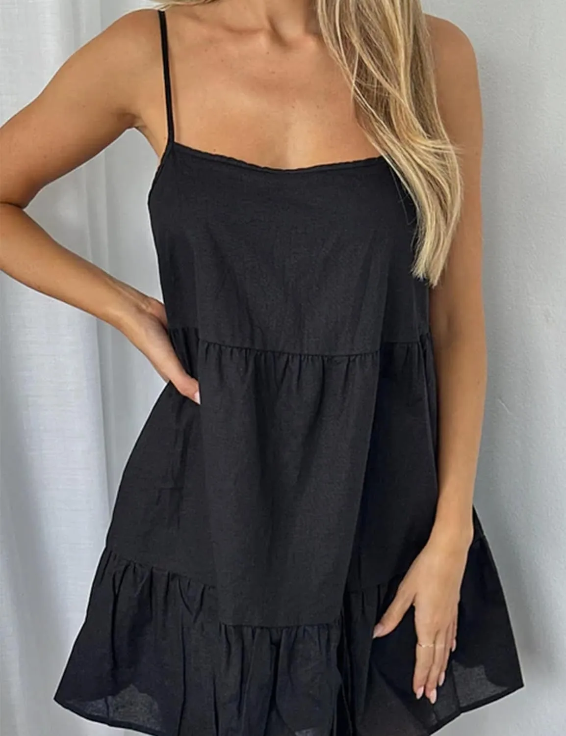 MISSACTIVER Women's Spaghetti Straps Ruffle Mini Dress Scoop Neck Sleeveless Babydoll Short Dress Flowy Summer Beach Dresses