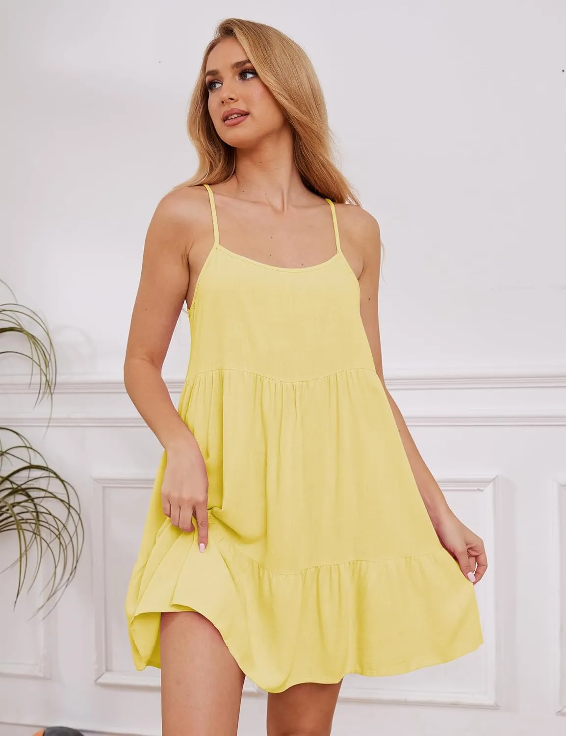 MISSACTIVER Women's Spaghetti Straps Ruffle Mini Dress Scoop Neck Sleeveless Babydoll Short Dress Flowy Summer Beach Dresses