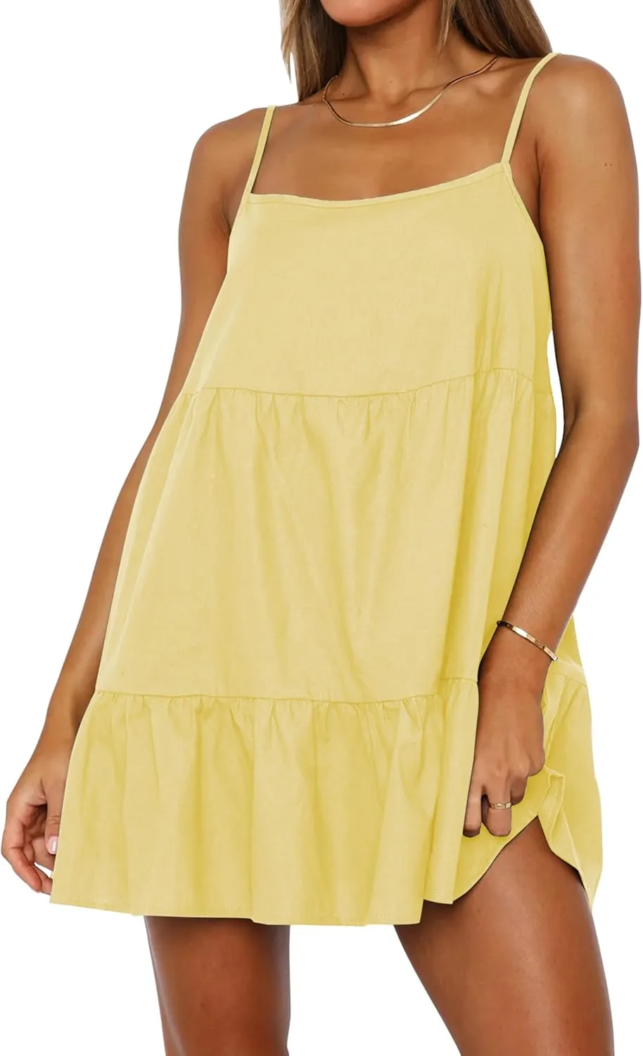 MISSACTIVER Women's Spaghetti Straps Ruffle Mini Dress Scoop Neck Sleeveless Babydoll Short Dress Flowy Summer Beach Dresses