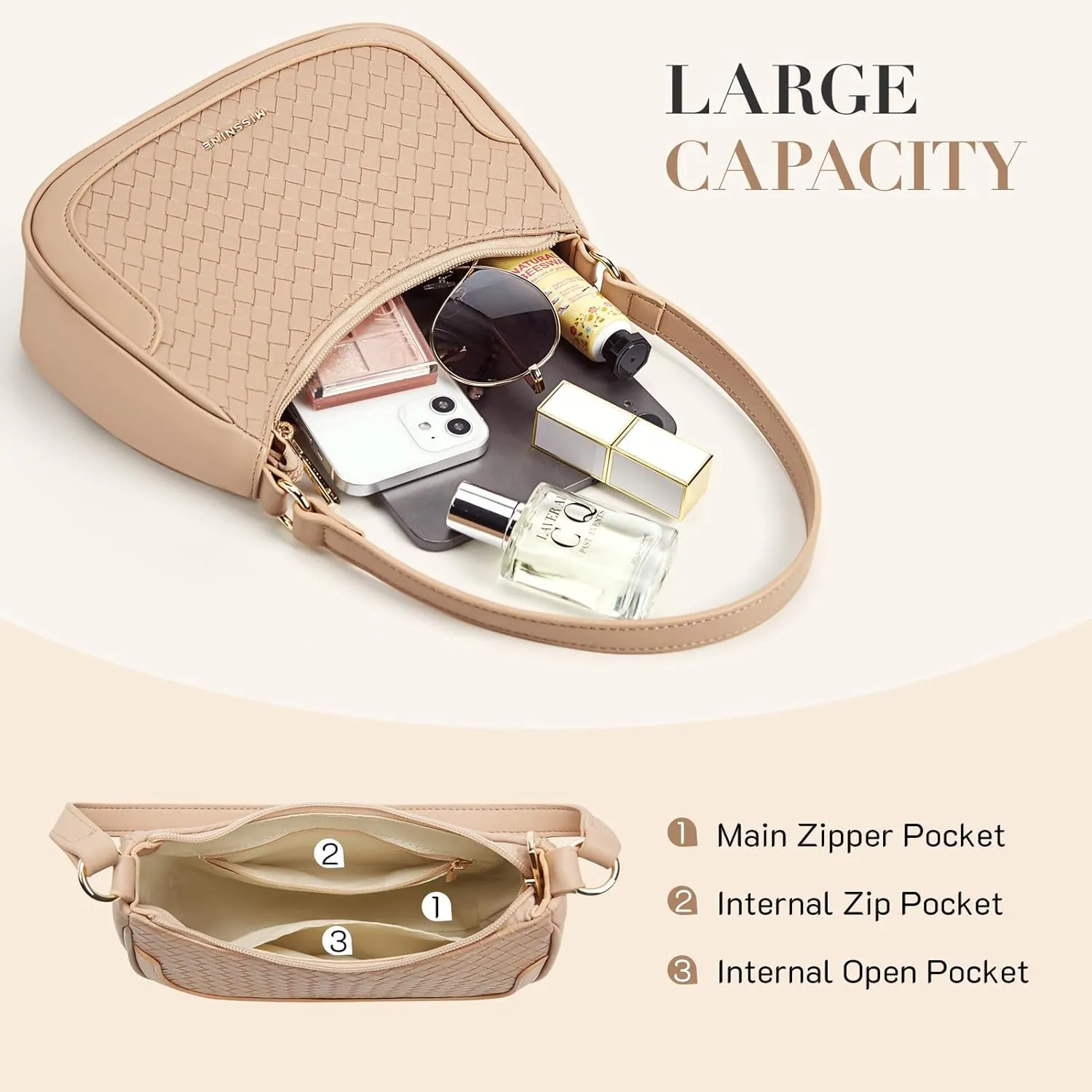 Missnine Shoulder Bag for Women Small Purse Trendy Clutch Hobo Bag Vegan Leather Mini Handbag with Zipper Closure