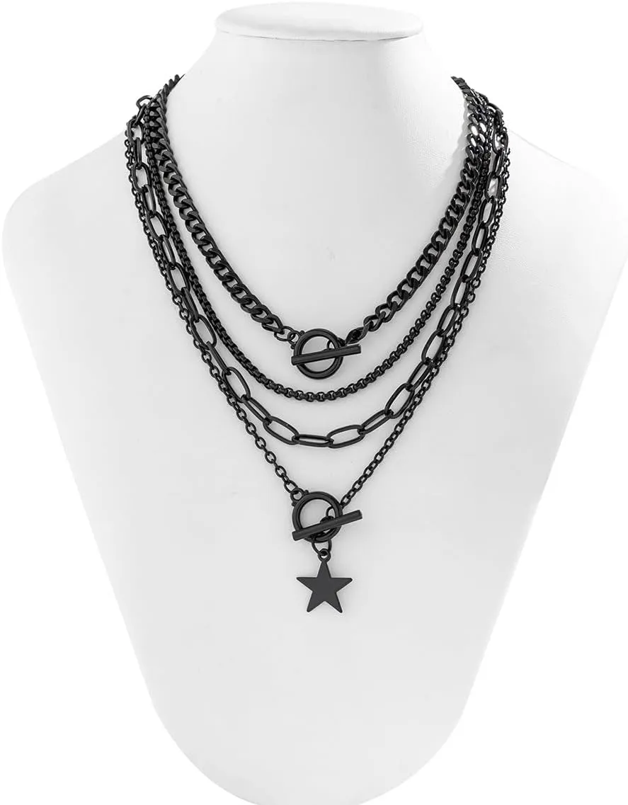 Multi-layered Goth Chain Choker Necklace with Star Heart Disc Charm,Black Gothic Punk Grunge Necklace Collar Bib Y2k Vintage Punk Jewelry Cool Rock Accessories for Women