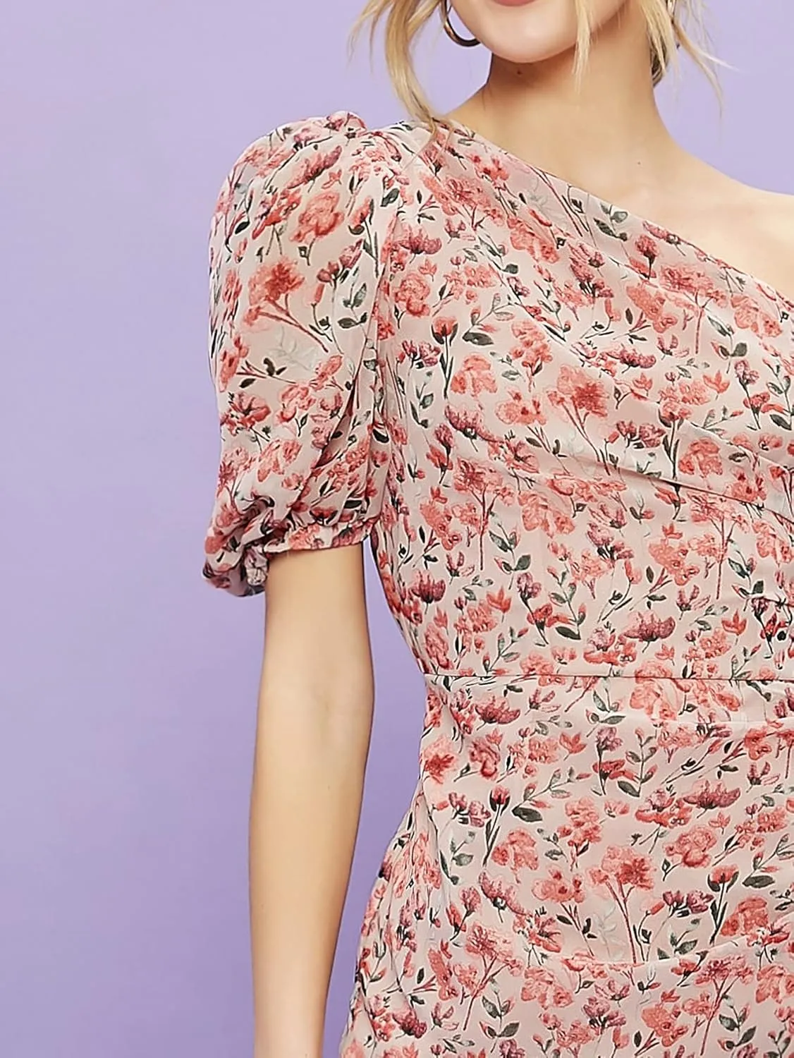 NACUII Womens Floral Mini Dress Belle One Shoulder Ruched Ruffle Hem Floral Dress