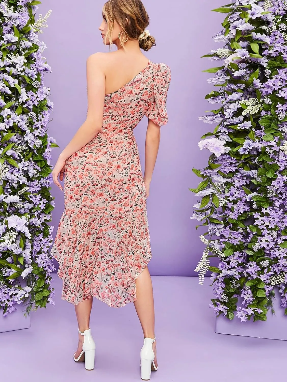 NACUII Womens Floral Mini Dress Belle One Shoulder Ruched Ruffle Hem Floral Dress