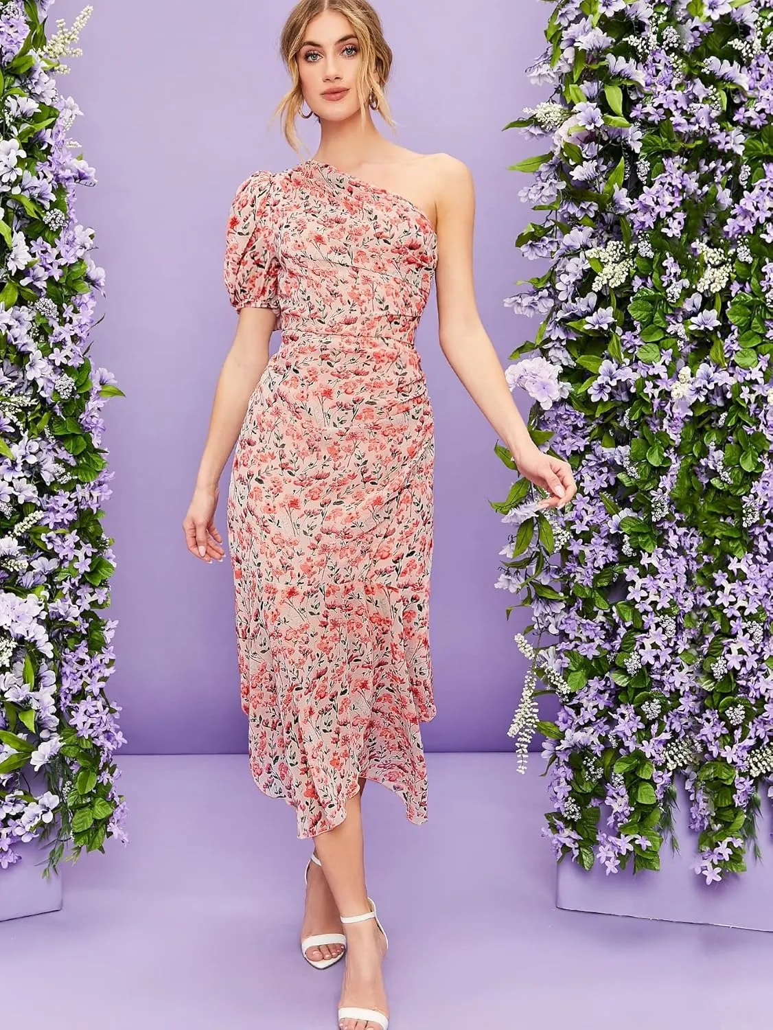 NACUII Womens Floral Mini Dress Belle One Shoulder Ruched Ruffle Hem Floral Dress